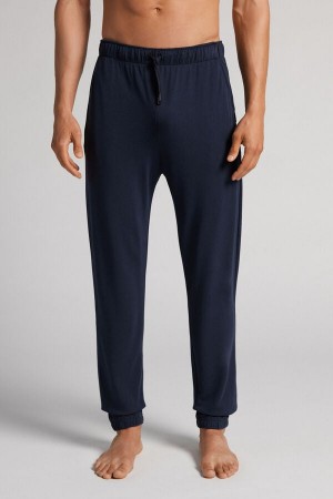 Navy Intimissimi Modal And Silk Piqué Full Length Men Pants | 2847XIUHZ