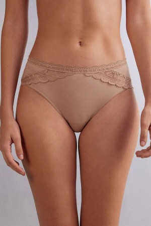 Orange Beige Intimissimi Semi-High Rise Cotton And Lace Women Panties | 3186GFOER