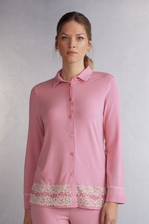 Pink / White Intimissimi Pretty Flowers Button Up In Modal Women Shirt | 9017EHNFZ