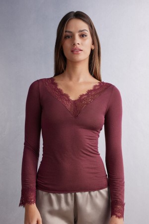 Red Intimissimi Modal Cashmere Ultralight Long Lace Women Shirt | 8362YZBSP