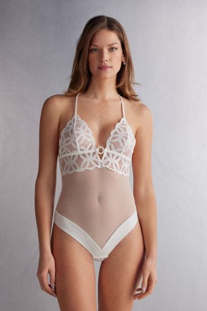 White Intimissimi Crafted Elegance Lace And Tulle Women Bodysuit | 0539MAXOF