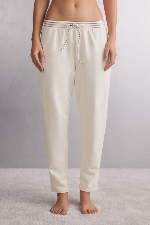 White Intimissimi Creamy Stripes Full Length Sweat Women Pants | 8652IYHKQ