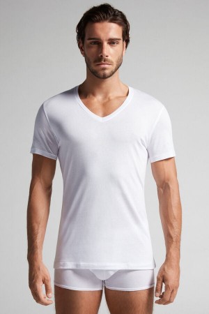 White Intimissimi Extrafine Superior Cotton V-Neck Men T-Shirt | 3742ENUKZ