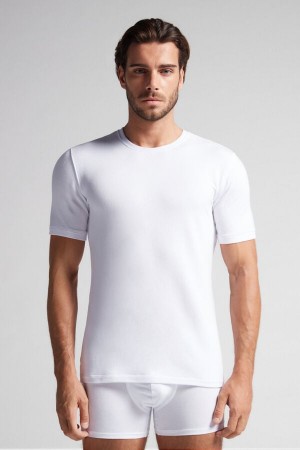 White Intimissimi Short-Sleeve Modal-Cashmere Men T-Shirt | 9852JZWMP