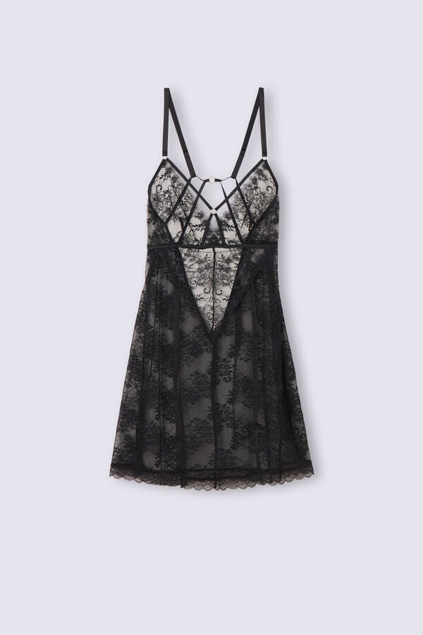 Black Intimissimi Intricate Surface Lace Babydoll Women Pajamas | 7439HQOMZ