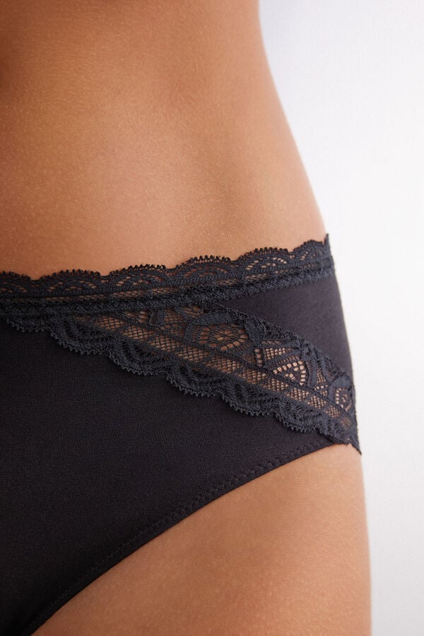 Black Intimissimi Semi-High Rise Cotton And Lace Women Panties | 5163UWTIB