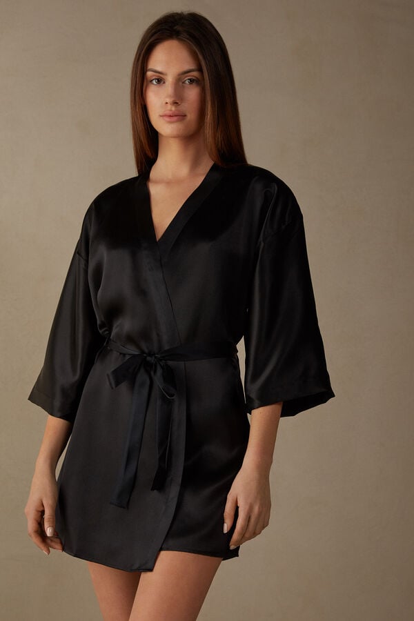 Black Intimissimi Silk Kimono Women Pajamas | 8716ESFIK