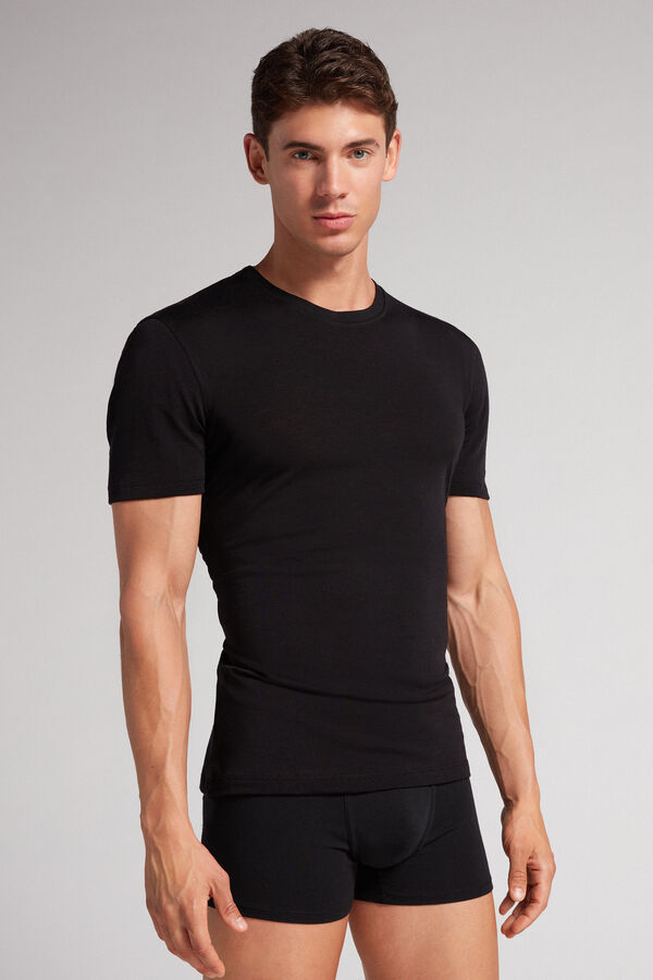 Black Intimissimi Stretch Merino Wool Short-Sleeve Men T-Shirt | 5268YNQLH