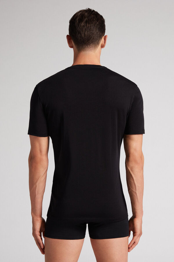 Black Intimissimi Stretch Merino Wool Short-Sleeve Men T-Shirt | 5268YNQLH