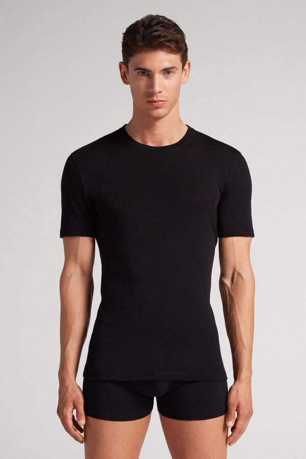 Black Intimissimi Stretch Merino Wool Short-Sleeve Men T-Shirt | 5268YNQLH