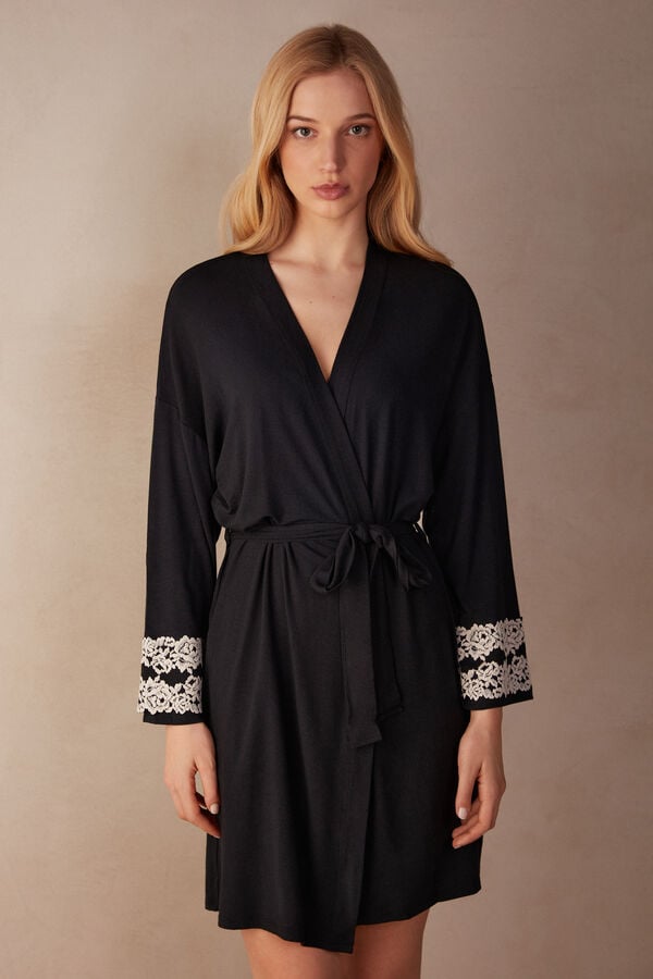 Black / White Intimissimi Pretty Flowers Modal Women Robe | 9413KUARF