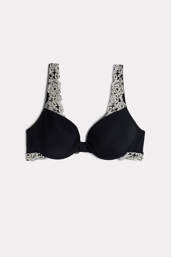 Black / White Intimissimi Pretty Flowers Microfiber Bellissima Push-Up Women Bra | 6839XZKEL