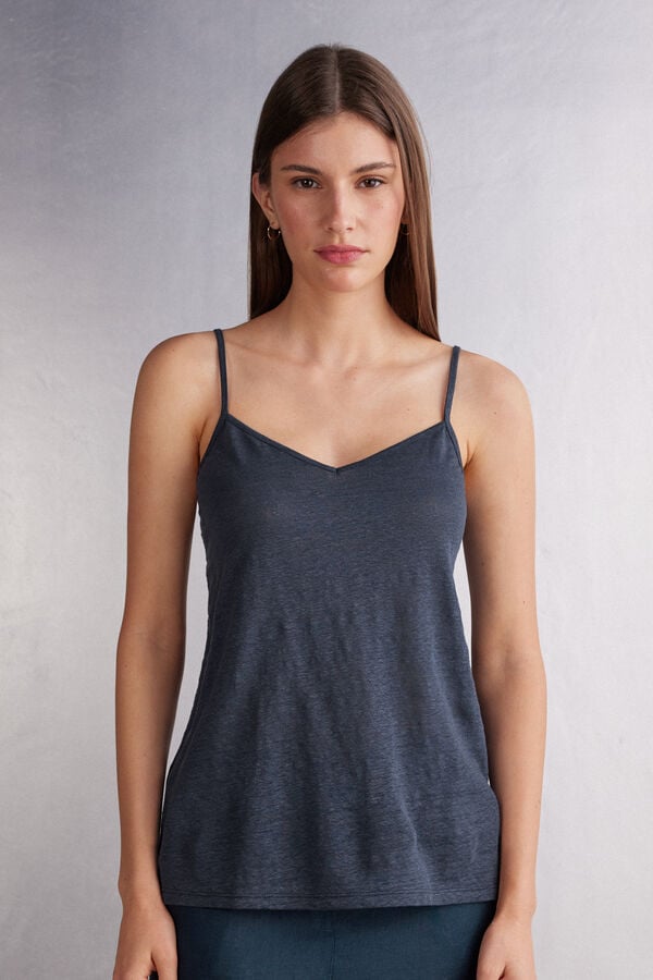 Blue Intimissimi Linen V-Neck Women Tank Top | 1763XSDNE