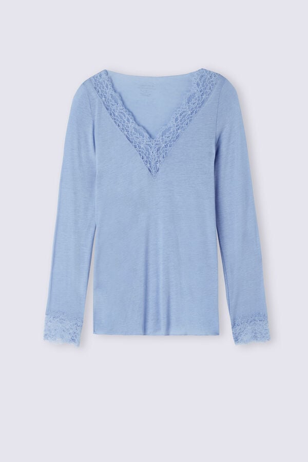 Blue Intimissimi Modal Cashmere Ultralight Long Lace Women Shirt | 3786AMXHZ