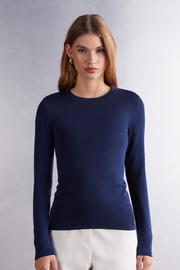 Blue Intimissimi Wool Cotton Crewneck Women Sweater | 7261YSDHI