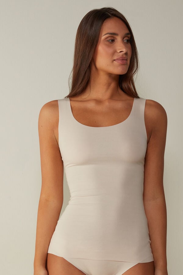 Cream Pink Intimissimi Raw Edge Round Neck Cotton Women Tank Top | 2971HLUXS