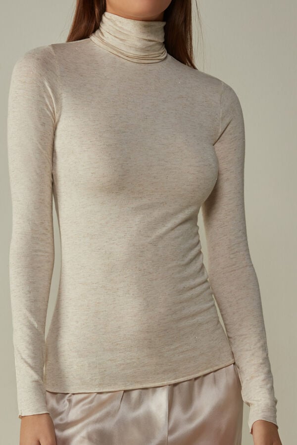 Cream White Intimissimi Turtleneck In Modal Light With Cashmere Lamé Women Long Sleeve | 6903KLDVP