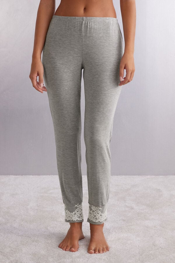 Grey / White Intimissimi Pretty Flowers Full Length Cuffed Modal Women Pants | 0841LWZJM