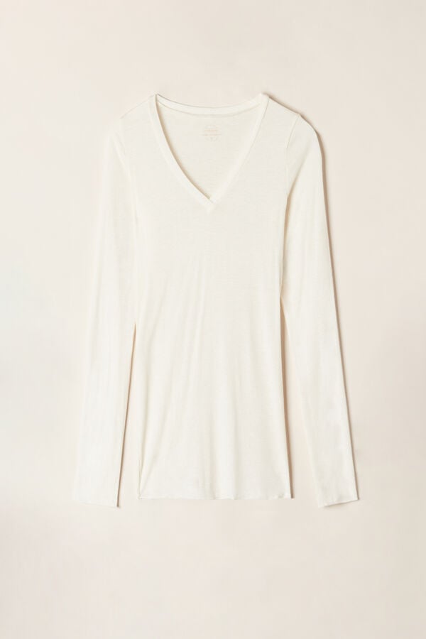 Light Yellow Intimissimi V-Neck Top In Modal Ultralight With Cashmere Women Long Sleeve | 1684DFLAI