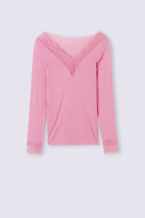 Pink Intimissimi Modal Cashmere Ultralight Long Lace Women Shirt | 7356YJHOE