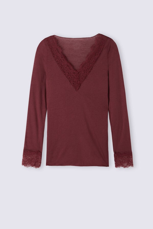 Red Intimissimi Modal Cashmere Ultralight Long Lace Women Shirt | 8362YZBSP