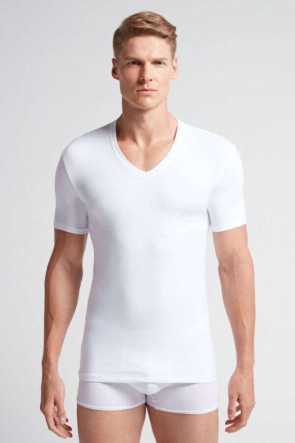 White Intimissimi Stretch Superior Cotton V-Neck Men T-Shirt | 5760HOYLW